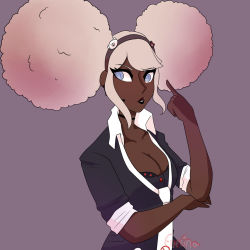 Rule 34 | 1girl, afro, afro puffs, arm up, bear hair ornament, black choker, black hairband, black headband, black headwear, black neckwear, black shirt, blue eyes, bra, breasts, choker, cleavage, collarbone, danganronpa (series), danganronpa another episode: ultra despair girls, dark-skinned female, dark skin, eyebrows, hair ornament, hairband, hand up, headband, headset, headwear request, highres, lace, lace choker, lips, lipstick, long eyelashes, makeup, microphone, necktie, pointing, pointing at self, pursed lips, second generation enoshima junko, shirt, simple background, sleeves rolled up, underwear, white neckwear