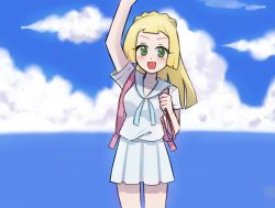 Rule 34 | 1girl, :d, arm up, backpack, bad id, bad pixiv id, bag, blonde hair, blue sky, blunt bangs, blush, braid, breasts, cloud, collarbone, creatures (company), day, french braid, game freak, green eyes, high ponytail, lillie (pokemon), long hair, looking at viewer, medium breasts, miniskirt, nintendo, ocean, open mouth, pleated skirt, pokemon, pokemon sm, shirt, short sleeves, skirt, sky, smile, solo, spoilers, twaly, water, waving, white shirt, white skirt