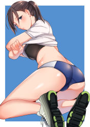 Rule 34 | 1girl, ass, back, bare legs, bare shoulders, black bra, blue buruma, blue eyes, blush, bra, brown hair, buruma, clothes lift, commentary request, from behind, gym uniform, hair ornament, hairclip, highres, kneeling, kyuuso inukami, lifting own clothes, long hair, looking at viewer, looking back, one eye closed, open mouth, original, ponytail, shirt, shirt lift, shoe soles, shoes, short sleeves, sneakers, solo, underwear, white shirt
