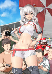 Rule 34 | 1girl, blue eyes, bodypaint, boots, breasts, camera, cleft of venus, covered clitoris, covered erect nipples, cropped jacket, female pubic hair, grey hair, hair ribbon, kantai collection, kashima (kancolle), kasu (kasunohikari), knee boots, large breasts, multiple boys, navel, painted clothes, pubic hair, pussy, race queen, ribbon, shrug (clothing), tsurime, twintails, two-tone bandeau, two-tone shorts, umbrella, wavy hair