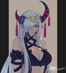 Rule 34 | 1girl, annoyed, asymmetrical horns, breasts, cleavage, cm lynarc, dark skin, dragon girl, fire emblem, fire emblem engage, horn ornament, horns, jewelry, large breasts, long hair, mature female, monster girl, nintendo, pointy ears, purple eyes, signature, solo, tagme, uneven horns, upper body, white hair, zephia (fire emblem)