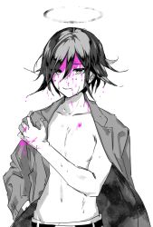 Rule 34 | 1boy, absurdres, belt, black hair, blood, blood on face, blood on hands, collarbone, commentary request, danganronpa (series), danganronpa v3: killing harmony, flipped hair, hair between eyes, halo, hand in pocket, hand up, highres, jacket, jacket on shoulders, looking at viewer, male focus, navel, oma kokichi, pants, parted lips, pink blood, sanmian (chidarakeno), short hair, simple background, solo, white background