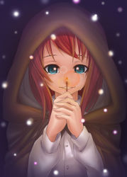 Rule 34 | 1girl, blue eyes, cape, crying, crying with eyes open, den lille pige med svovlstikkerne, face, fire, fire, happy tears, highres, hood, idoke kaeru, little match girl, matches, own hands clasped, own hands together, red hair, snowing, solo, tears