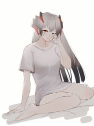 Rule 34 | 1girl, absurdres, arknights, arm support, bare arms, bare legs, barefoot, black hair, breasts, closed mouth, collarbone, commentary, dragon horns, earclip, english commentary, gradient hair, hand up, highres, horns, long hair, long shirt, medium breasts, multicolored hair, one eye closed, oni22, orange eyes, rubbing eyes, saria (arknights), shirt, short sleeves, silver hair, simple background, sitting, smile, solo, t-shirt, wariza, white background, white shirt