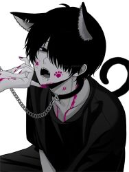 Rule 34 | 1boy, 1other, animal ear piercing, animal ears, bags under eyes, blood, blood on face, cat boy, cat ears, cat tail, chain, collar, commentary, extra ears, fang, greyscale, hair over one eye, hand on another&#039;s chin, highres, jewelry, lip piercing, looking at viewer, male focus, mole, mole under mouth, monochrome, nail polish, open mouth, original, paw print, piercing, pink blood, pink nails, shirt, simple background, solo, soui manshin, spot color, symbol-only commentary, tail, twitter username