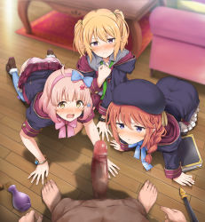 Rule 34 | 1boy, 3girls, all fours, amagasa ikuta, beret, black coat, blonde hair, blue bow, blush, bow, braid, breasts, brown eyes, censored, chieru (princess connect!), chloe (princess connect!), clothed female nude male, coat, elf, erection, hat, hetero, highres, hood, hooded coat, long hair, long sleeves, looking at viewer, mosaic censoring, multiple girls, nude, open mouth, orange hair, penis, pink hair, pointy ears, pov, princess connect!, purple eyes, short hair, twin braids, twintails, yuni (princess connect!)