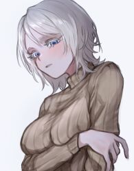 Rule 34 | 1girl, arm under breasts, blue eyes, breast hold, breasts, brown sweater, faust (project moon), holding own arm, large breasts, light blush, limbus company, long sleeves, looking at viewer, moth ram, parted lips, project moon, ribbed sweater, short hair, simple background, solo, sweater, teeth, turtleneck, turtleneck sweater, upper body, white background, white hair