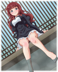 Rule 34 | 1girl, arms at sides, ashiyu, assault lily, bare legs, barefoot, black skirt, blue eyes, blunt bangs, blush, border, breasts, brown hair, buttons, closed mouth, commentary request, cropped jacket, day, dutch angle, foot out of frame, frilled skirt, frills, high-waist skirt, highres, indoors, juliet sleeves, kaede johan nouvel, light smile, long hair, long sleeves, looking at viewer, medium breasts, miniskirt, outside border, puffy sleeves, school uniform, shirt, sidelocks, skirt, soaking feet, solo, upskirt, wavy hair, wet, white border, white shirt, yosuzu, yurigaoka girls academy school uniform