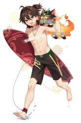 Rule 34 | 1boy, barefoot, brown eyes, brown hair, brown male swimwear, feet, gaming (genshin impact), genshin impact, gloves, hair between eyes, hairband, highres, iroiro 0w0, jewelry, looking at viewer, male focus, male swimwear, man chai (genshin impact), multicolored hair, navel, necklace, open mouth, red hair, smile, solo, stomach, surfboard, toes, topless male, white background