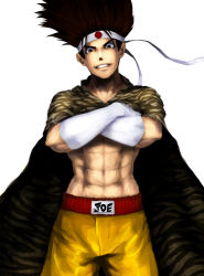 Rule 34 | 1boy, animal print, big hair, brown hair, cape, crossed arms, fatal fury, food fighter 441, grin, headband, highres, japanese flag, joe higashi, male focus, muscular, pectorals, ryuuko no ken, topless male, shorts, smile, solo, spiked hair, the king of fighters, tiger print