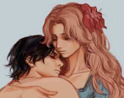 Rule 34 | 1boy, 1girl, black hair, blue dress, close-up, closed eyes, commentary, dress, english commentary, flower, freckles, hair flower, hair ornament, highres, hug, laechos, long hair, mother and son, one piece, portgas d. ace, portgas d. rouge, short hair, simple background