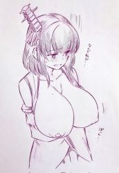 Rule 34 | 1girl, blush, breasts, collarbone, commentary request, corrupted twitter file, embarrassed, female focus, headgear, highres, huge breasts, kantai collection, monochrome, nipples, short hair, simple background, solo, traditional media, translation request, tsukareta san, yamashiro (kancolle)