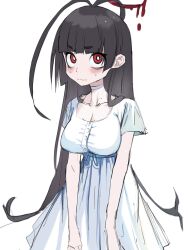 Rule 34 | 1girl, antenna hair, black hair, blue archive, blunt bangs, blush, breasts, bright pupils, buttons, choker, cleavage, collarbone, commentary request, dress, empire waist, go d e, highres, hime cut, korean commentary, large breasts, long hair, looking at viewer, low-cut, nervous, red eyes, sanpaku, short eyebrows, short sleeves, sketch, solo, sweat, tsurugi (blue archive), upturned eyes, wavy mouth, white choker, white dress, white pupils