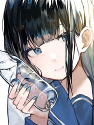 Rule 34 | 1girl, black hair, blue eyes, blue nails, blue sailor collar, blunt bangs, bottle, caddy cyd, highres, holding, holding bottle, long hair, looking at viewer, original, portrait, sailor collar, school uniform, sidelighting, smile, solo, water bottle, water drop, wet, wet hair, white background