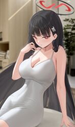 Rule 34 | 1girl, absurdres, black hair, blue archive, breasts, bright pupils, cleavage, dongtan dress, highres, large breasts, long hair, meme attire, red eyes, rinrasetsu, rio (blue archive), sitting, sleeveless, solo, white pupils