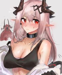 Rule 34 | 1girl, arknights, bare shoulders, black gloves, blush, breasts, cleavage, closed mouth, collar, collarbone, commentary request, demon girl, demon horns, ear blush, embarrassed, frown, gloves, hair between eyes, highres, horns, infection monitor (arknights), kaguura (kagu), large breasts, long hair, looking at viewer, monster, mudrock (arknights), mudrock (elite ii) (arknights), off shoulder, open clothes, pink hair, pointy ears, red eyes, sarashi, simple background, solo, sports bra, steaming body, sweat, undressing, upper body, white background