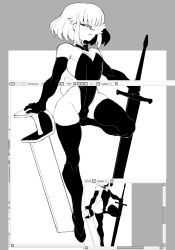 Rule 34 | 1boy, angry, asymmetrical eyes, bow, bowtie, bulge, cibastion, curvy, demi (cibastion), detached collar, eyelashes, feminine, fourth wall, full body, high heels, highres, holding, holding sword, holding weapon, leotard, looking at viewer, male focus, male playboy bunny, original, parted lips, pectoral cleavage, pectorals, playboy bunny, rabbit tail, short hair, sidelocks, solo, sword, thighhighs, trap, weapon