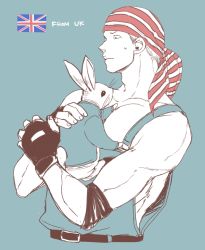 Rule 34 | 1boy, bandana, billy kane, fatal fury, fingerless gloves, flag, flat color, gloves, male focus, muscular, pet, rabbit, short hair, simple background, snk, solo, the king of fighters, union jack, yk (waikeee)