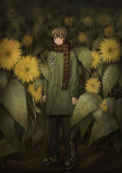 Rule 34 | 1girl, absurdres, black pants, brown eyes, brown hair, brown scarf, closed mouth, coat, commentary, expressionless, flower, full body, green coat, highres, leaf, long sleeves, looking at viewer, night, original, outdoors, pants, plaid, plaid scarf, scarf, shoes, short hair, sneakers, solo, standing, striped clothes, striped pants, subfiction, sunflower, track pants, white footwear
