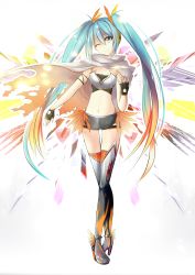 Rule 34 | 1girl, ;), absurdres, black gloves, black shorts, blue eyes, blue hair, boots, breasts, cape, character cutout, cleavage, crop top, feather hair ornament, feathers, fingerless gloves, floating hair, full body, gloves, gradient hair, grey footwear, hair between eyes, hair ornament, hatsune miku, head tilt, headphones, highres, long hair, looking at viewer, midriff, multicolored hair, navel, one eye closed, orange feathers, orange hair, orange thighhighs, racing miku, racing miku (2016), shiny clothes, short shorts, shorts, small breasts, smile, solo, standing, stomach, strapless, thigh boots, thighhighs, torn cape, torn clothes, two-tone hair, very long hair, vocaloid, white cape, yellow feathers, yen-mi