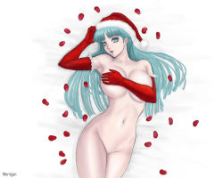 Rule 34 | 1girl, aqua eyes, aqua hair, ark (morita hitomi), breast hold, breast press, breasts, capcom, character name, christmas, covering privates, covering breasts, elbow gloves, gloves, green eyes, green hair, hat, huge breasts, long hair, matching hair/eyes, morrigan aensland, nude, nude cover, open mouth, pale skin, pussy, santa hat, solo, vampire (game)
