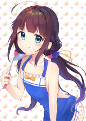 Rule 34 | 10s, 1girl, ahoge, apron, bare arms, bare shoulders, blue apron, blue eyes, blush, bow, brown hair, closed mouth, collarbone, commentary request, frilled apron, frills, highres, hinatsuru ai, holding, ladle, leaning forward, long hair, looking at viewer, low twintails, naked apron, orange bow, ryuuou no oshigoto!, shiarisu, smile, solo, twintails, very long hair, white background