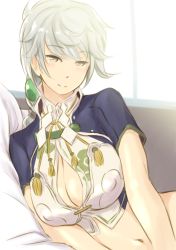 Rule 34 | 10s, 1girl, bed sheet, blue shirt, braid, breasts, brown eyes, cleavage, cleavage cutout, clothing cutout, cloud print, covered erect nipples, highres, kantai collection, large breasts, light smile, looking at viewer, lying, midriff, navel, no panties, on side, pov, shirt, silver hair, single braid, smile, solo, unryuu (kancolle), wa (genryusui)