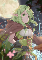 Rule 34 | 1girl, amco, bad id, bad pixiv id, belt, black belt, black bow, black gloves, blurry foreground, bow, bow (weapon), breasts, brown cape, cape, commentary request, elf, gloves, goblin slayer!, green eyes, green hair, green shirt, hair between eyes, hair bow, hair ornament, high elf archer (goblin slayer!), highres, hood, looking at viewer, moon, night, outdoors, pointy ears, shirt, shorts, sidelocks, small breasts, solo, weapon