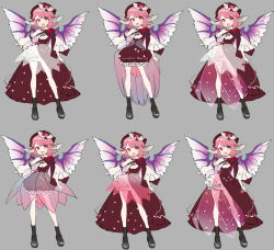 Rule 34 | 1girl, alternate costume, asymmetrical clothes, bird wings, boots, bow, costume chart, detached sleeves, dress, fingernails, floral print, frilled skirt, frills, gotou (nekocat), grey background, hat, highres, long fingernails, looking at viewer, mystia lorelei, nail polish, open mouth, outstretched arm, pink eyes, pink hair, red dress, ribbon, see-through, short hair, simple background, skirt, smile, solo, standing, touhou, wings