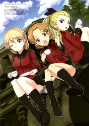 Rule 34 | 10s, 3girls, :o, absurdres, artist name, assam (girls und panzer), black footwear, black ribbon, black skirt, blonde hair, blue eyes, boots, braid, character name, churchill (tank), closed mouth, cloud, cloudy sky, cup, darjeeling (girls und panzer), day, dutch angle, epaulettes, girls und panzer, hair pulled back, hair ribbon, handkerchief, hi-ho-, highres, holding, jacket, light smile, long hair, long sleeves, looking at another, looking at viewer, looking back, military, military uniform, military vehicle, miniskirt, motor vehicle, multiple girls, one eye closed, open mouth, orange hair, orange pekoe (girls und panzer), outdoors, pleated skirt, red jacket, ribbon, saucer, short hair, sitting, skirt, sky, spill, spilling, st. gloriana&#039;s military uniform, surprised, tank, teacup, thighs, translation request, trembling, twin braids, uniform, wet, wet clothes, wet jacket