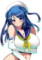 Rule 34 | 10s, 1girl, bare shoulders, blue eyes, blue hair, breast hold, breasts, cleavage, collarbone, elbow gloves, female focus, gloves, hat, kantai collection, large breasts, long hair, matching hair/eyes, perepere-kun, simple background, smile, solo, standing, upper body, urakaze (kancolle), white background, white gloves