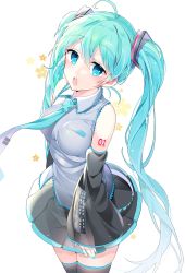 Rule 34 | 1girl, ahoge, aqua eyes, aqua hair, bad id, bad pixiv id, detached sleeves, hatsune miku, long hair, necktie, open mouth, pinb, simple background, skirt, solo, thighhighs, twintails, very long hair, vocaloid, white background