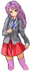 Rule 34 | 1girl, :o, character request, copyright request, cropped legs, long hair, long sleeves, mole, mole under eye, necktie, open mouth, pleated skirt, purple hair, purple thighhighs, red skirt, sachito, simple background, skirt, solo, thighhighs, white background, yellow eyes, zettai ryouiki