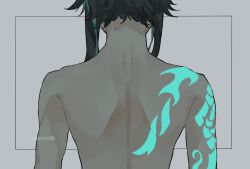 Rule 34 | 1boy, arm tattoo, back, back tattoo, black hair, commentary request, genshin impact, green hair, grey background, highres, male focus, multicolored hair, shiraishi (siraisi00), simple background, solo, tattoo, topless male, twitter username, xiao (genshin impact)