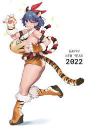 Rule 34 | 1girl, 2022, absurdres, animal ears, animal hands, animal print, armlet, blue hair, boots, breasts, collared shirt, enta (nia), gloves, hair ribbon, hands up, happy new year, highres, huge breasts, new year, nia (nia4294), original, paw gloves, print footwear, red ribbon, ribbon, shadow, shirt, short hair, sideboob, simple background, sleeveless, sleeveless shirt, solo, sparkle, tail, tiger ears, tiger print, tiger tail, white background