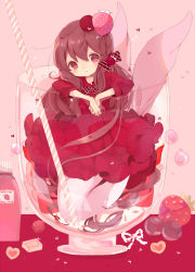 Rule 34 | 1girl, bottle, bow, braid, bubble, coco (hinatacoco), cup, dress, drinking straw, food, food-themed hair ornament, fruit, glass, hair bow, hair ornament, heart, highres, long hair, looking at viewer, mermaid, monster girl, original, pink background, red dress, red eyes, red hair, ribbon, solo, strawberry, strawberry hair ornament, very long hair