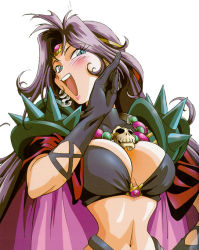 Rule 34 | 1girl, araizumi rui, armor, blue eyes, breasts, cape, earrings, female focus, gloves, jewelry, large breasts, laughing, naga the serpent, navel, ojou-sama pose, pauldrons, purple hair, shoulder armor, simple background, skull, slayers, solo, spikes, tiara, white background