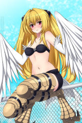 Rule 34 | 1girl, bare shoulders, bikini, bikini top only, bird legs, black bikini, black serafuku, blonde hair, blue sky, blush, breasts, chain-link fence, cleavage, cloud, collarbone, commentary, day, feathered wings, fence, full body, groin, hair between eyes, hair intakes, harpy, konjiki no yami, leg belt, lindaroze, long hair, looking at viewer, midriff, monster girl, monsterification, navel, outdoors, paid reward available, parted lips, patreon username, red eyes, school uniform, serafuku, shadow, short shorts, shorts, sidelocks, sky, small breasts, solo, squatting, swimsuit, talons, to love-ru, twitter username, two side up, watermark, web address, winged arms, wings