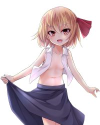 Rule 34 | 1girl, arai togami, bare arms, blonde hair, breasts, fang, hair ribbon, highres, looking at viewer, navel, open clothes, open mouth, open shirt, red eyes, ribbon, rumia, shirt, short hair, simple background, skirt, skirt hold, sleeveless, sleeveless shirt, small breasts, solo, touhou, white background