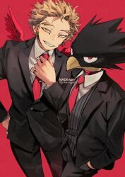 Rule 34 | 2boys, adjusting clothes, adjusting necktie, animal head, artist name, black jacket, black pants, blazer, blonde hair, boku no hero academia, collared shirt, commentary request, cowboy shot, dress shirt, feathered wings, formal, grey vest, grin, hand in pocket, hand up, hawks (boku no hero academia), jacket, jewelry, kadeart, lapels, long sleeves, looking at viewer, male focus, multiple boys, necktie, open clothes, open jacket, pants, red background, red eyes, red necktie, red wings, ring, shirt, short hair, simple background, smile, standing, striped clothes, striped vest, suit, teeth, thai commentary, tie clip, tokoyami fumikage, vertical-striped clothes, vertical-striped vest, vest, watermark, white shirt, wing collar, wings, yellow eyes