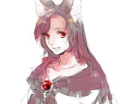 Rule 34 | 1girl, animal ears, asakura noi, brooch, brown hair, collarbone, fang, imaizumi kagerou, jewelry, long hair, looking at viewer, open mouth, red eyes, sketch, solo, touhou, upper body, wolf ears