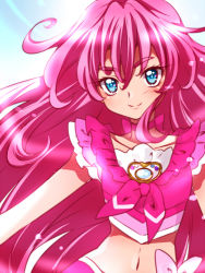 Rule 34 | 1girl, blue eyes, blush, bow, choker, close-up, crop top, cure melody, hair between eyes, hair down, houjou hibiki, kagami chihiro, lens flare, lips, long hair, magical girl, midriff, navel, pink bow, pink choker, pink hair, precure, sleeveless, smile, solo, suite precure, thick eyebrows, upper body, very long hair