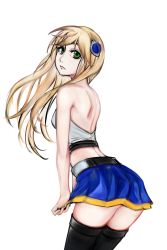 Rule 34 | 1girl, absurdres, back, bare back, bare shoulders, black thighhighs, blazblue, blazblue: chronophantasma, blonde hair, early type, from behind, green eyes, hair down, hair ornament, hairclip, highres, long hair, looking back, midriff, miniskirt, no headwear, no headwear, noel vermillion, skirt, skirt tug, solo, strapless, thighhighs, zettai ryouiki