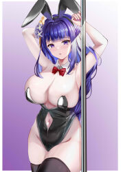 Rule 34 | 1girl, absurdres, alternate breast size, animal ears, arms up, breasts, cleavage, clothing cutout, curvy, genshin impact, hair ornament, highres, kanesada dp, large breasts, leotard, long hair, looking at viewer, mole, mole under eye, navel, navel cutout, playboy bunny, purple eyes, purple hair, rabbit ears, raiden shogun, simple background, solo, thick thighs, thighhighs, thighs