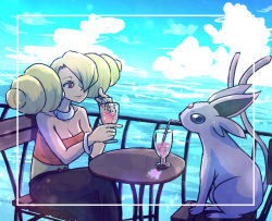Rule 34 | 1girl, annie (pokemon), blonde hair, blue sky, breasts, chair, cleavage, cloud, creatures (company), cup, drink, drinking glass, drinking straw, espeon, game freak, gen 2 pokemon, hair over one eye, kotobukkii (yt lvlv), medium breasts, nintendo, ocean, on chair, pants, pokemon, pokemon (anime), pokemon (classic anime), pokemon (creature), pokemon heroes: latios &amp; latias, sitting, sky, smile, table