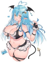 Rule 34 | 1girl, ahoge, artist name, bikini, black gloves, blue hair, blue nails, blush, breasts, claw pose, cleavage, commentary request, curvy, dated, demon girl, demon tail, demon wings, fang, fbc, fingerless gloves, front-tie top, gloves, hair ornament, head wings, heart, hololive, large breasts, long hair, microskirt, nail polish, navel, open mouth, pointy ears, sidelocks, skirt, solo, swimsuit, tail, thick thighs, thighs, two-tone bikini, virtual youtuber, white background, wings, yellow eyes, yukihana lamy