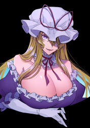 Rule 34 | bare shoulders, black background, blonde hair, breasts, cleavage, detached collar, elbow gloves, gloves, hair over one eye, hat, heart, heart-shaped pupils, highres, knsmpnt, large breasts, long hair, mob cap, open mouth, purple eyes, shi shoku, simple background, smile, symbol-shaped pupils, touhou, white gloves, yakumo yukari, yandere