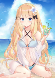 Rule 34 | 1girl, absurdres, alternate hairstyle, aqua bikini, bad id, bad pixiv id, beach, bikini, black bow, blonde hair, blue eyes, blush, bow, breasts, cleavage, criss-cross halter, cup, day, drink, drinking glass, drinking straw, elf, epicloot, flower, food, fruit, hair bow, hair down, hair flower, hair ornament, halterneck, highres, layered bikini, lime (fruit), lime slice, long hair, looking at viewer, medium breasts, pointy ears, princess connect!, revision, saren (princess connect!), saren (summer) (princess connect!), sitting, solo, string bikini, swimsuit, very long hair