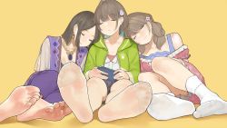 Rule 34 | 10s, 3girls, bare shoulders, barefoot, breasts, brown hair, cellphone, character request, closed eyes, closed mouth, collarbone, dress, earrings, end card, feet, game console, green jacket, grey shorts, highres, himote house, himote kinami, himote kokoro, himote tokiyo, holding, jacket, jewelry, legs, long hair, multiple girls, necklace, no shoes, official art, open mouth, pants, pantyhose, parted bangs, paw print, phone, pink dress, print jacket, purple pants, purple vest, see-through, see-through legwear, short hair, shorts, siblings, simple background, sisters, sleeping, socks, soles, toes, vest, white legwear, yellow background, yomu (sgt epper)