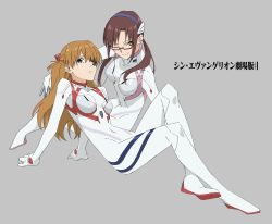 Rule 34 | 2girls, arm support, artist request, blue eyes, bodysuit, breasts, brown hair, evangelion: 3.0+1.0 thrice upon a time, eyepatch, full body, glasses, grey background, highres, long hair, looking at viewer, low twintails, makinami mari illustrious, medium breasts, multiple girls, neon genesis evangelion, one eye closed, plugsuit, pout, rebuild of evangelion, simple background, smile, souryuu asuka langley, translation request, twintails, white bodysuit, wink